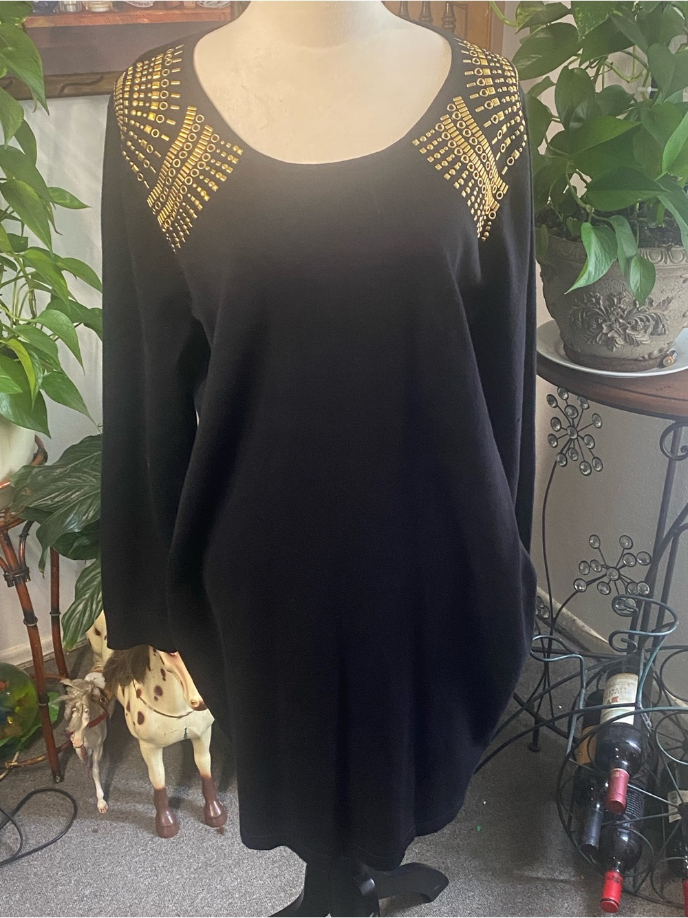 Say What? Black Long Sleeve Dress with Gold Stud Shoulder Detail